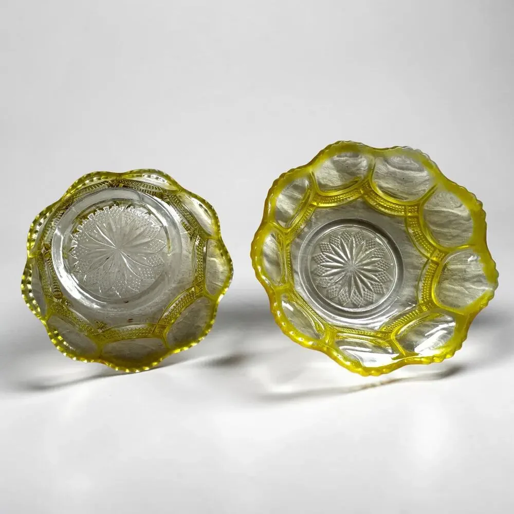 Set of 2 Yellow Pressed Glass Dessert Bowls | Scalloped Rim Clear Yellow Vintage